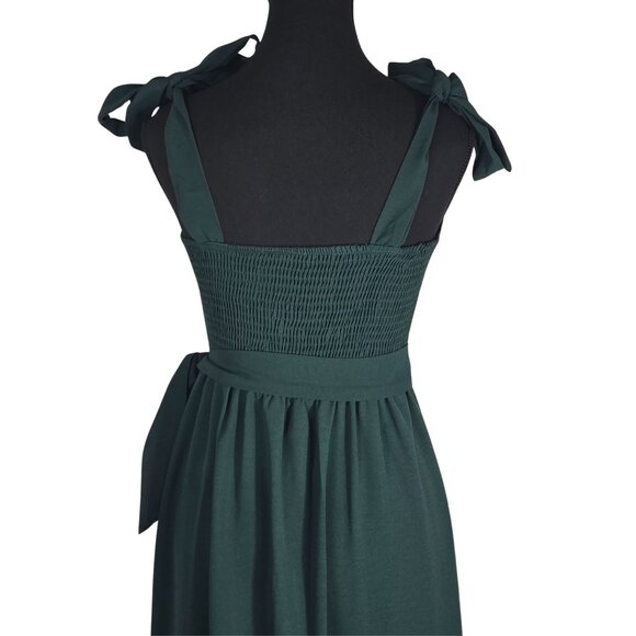 NWOT | Emerald Green Shoulder Tie Straps Midi Dress Smocked Ruffle Hem | Medium - Picture 6 of 7